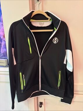 Polo by Ralph Lauren Black Performance Jacket with Neon Green and White Trim